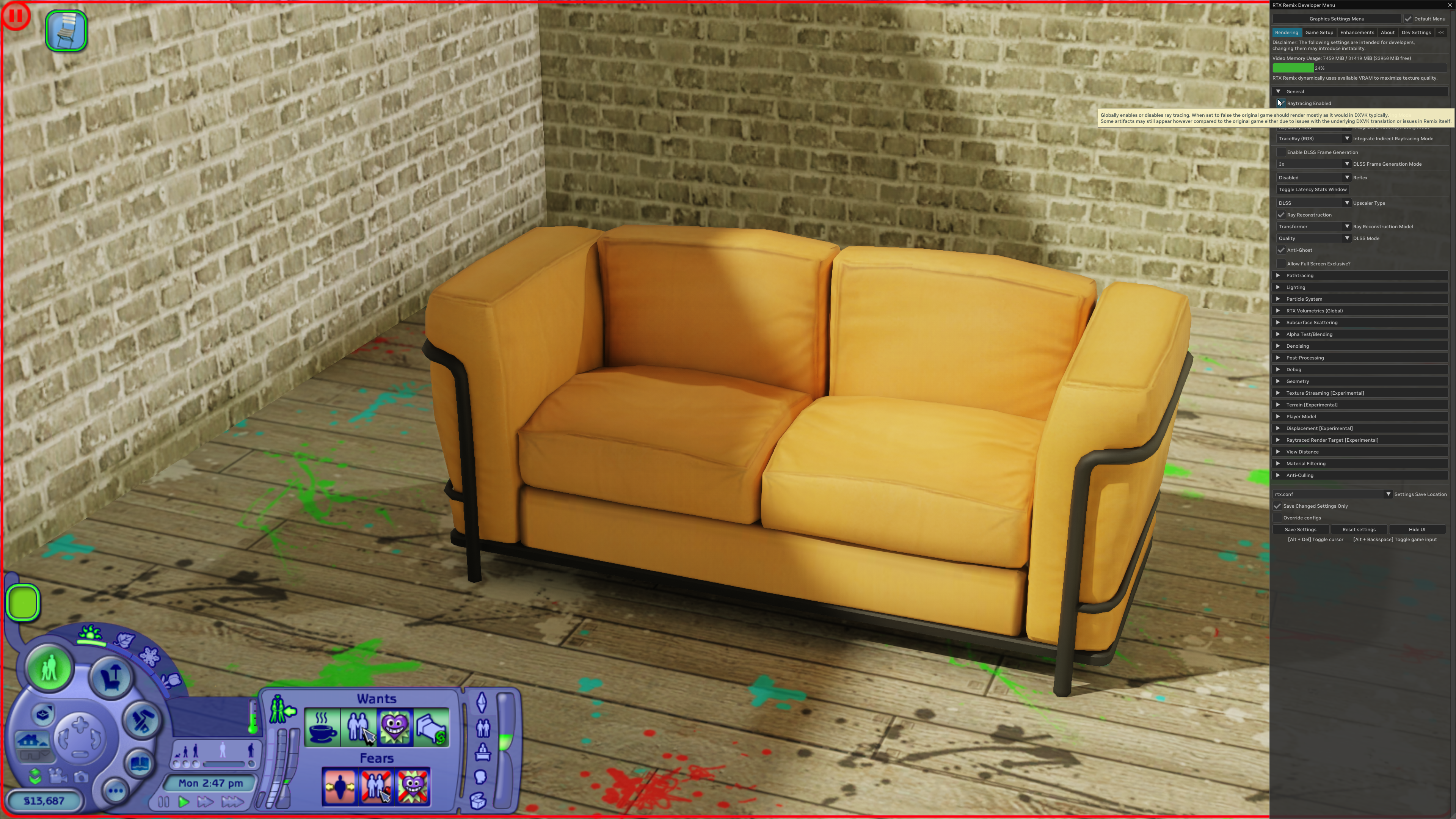 The Sims 2 sofa scene with path tracing enabled in RTX Remix.
