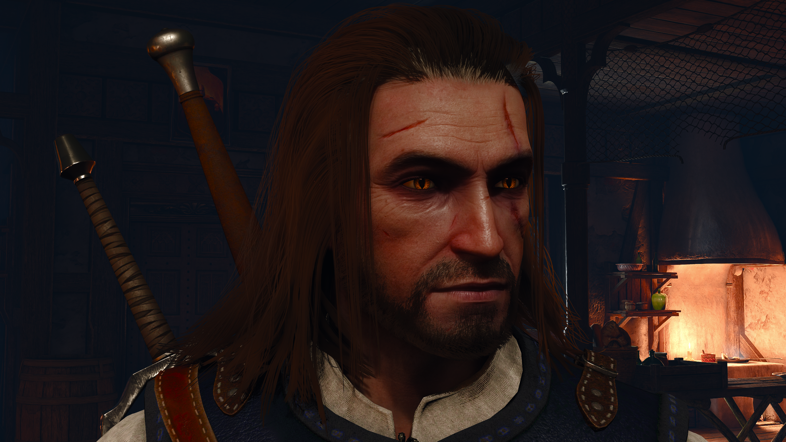 Geralt indoors with HairWorks in patch 5.01.